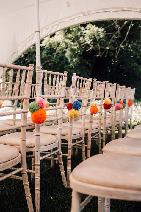 Cool Colourful Wedding Amy Elizabeth Photo Wool Pom Pom Chairs #wedding #weddingchair Pom Pom Wedding, Wedding Sendoff, Wedding Pom Poms, Chairs Wedding, Christmas Proposal, Colourful Wedding, Diy Pom Pom, Days Before Christmas, Happy Vibes