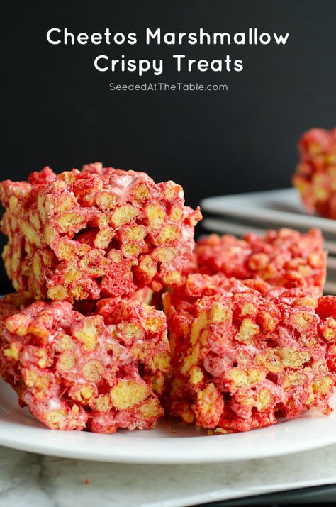 Cheetos Marshmallow Crispy Treats Cheetos Recipe, College Snacks, Flaming Hot, Gross Food, Hot Cheetos, Indulgent Food, Cereal Treats, Marshmallow Treats, Rice Crispy Treats