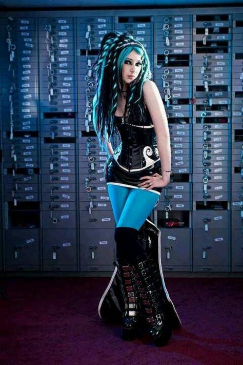 Black and Bright Blue Alternative Girl, Future Fashion, Cyberpunk, Boots, Hair, Blue, Black