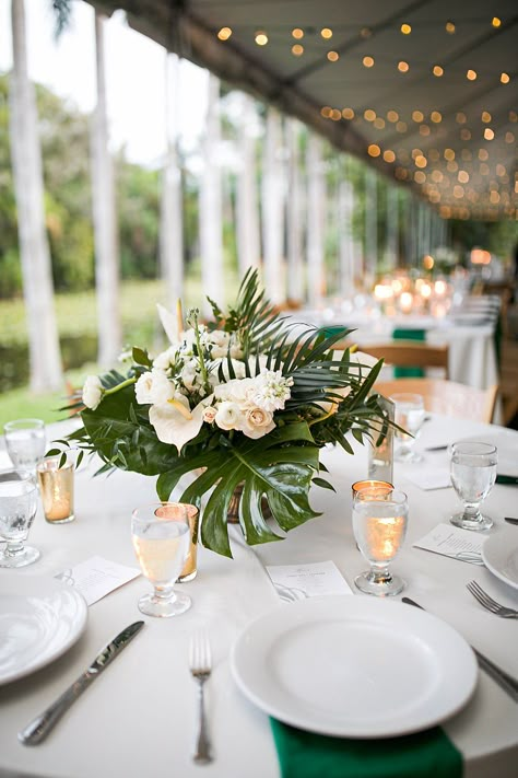 Tropical Wedding Centerpieces, Tropical Centerpieces, Beach Wedding Tables, Tropical Wedding Theme, Tropical Wedding Decor, Tropical Flower Arrangements, Palm Wedding, Tropical Beach Wedding, Kauai Wedding