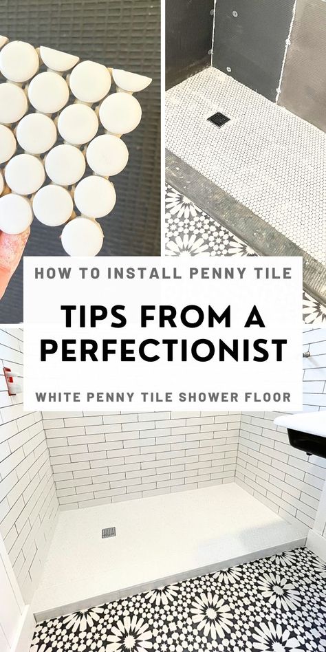 Wondering how to lay penny tile floor? SAVE this pin for the BEST installing penny tile floor guide. Follow these tips on how to install tile for your small bathroom remodeling project install a penny tile shower floor with ease! Check out this bathroom with white penny tile with white grout + learn how to DIY penny tile floor without mess or stress! If you want penny rounds shower floor or white penny tile floor bathroom; these DIY tile flooring tips teach you how to install tile floor. Penny Tile Floor Bathroom, Install Tile Floor, Penny Tile Shower Floor, Penny Round Tile Bathroom, Penny Tile Floor, White Penny Tile, Tile Floor Bathroom, How To Install Tile, Tile Shower Floor