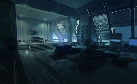 Sci Fi House, Scifi Room, Futuristic Apartment, Cyberpunk Apartment, Art Bedroom Aesthetic, Futuristic Bedroom, Futuristic Interior, Arte Cyberpunk, Unique Buildings