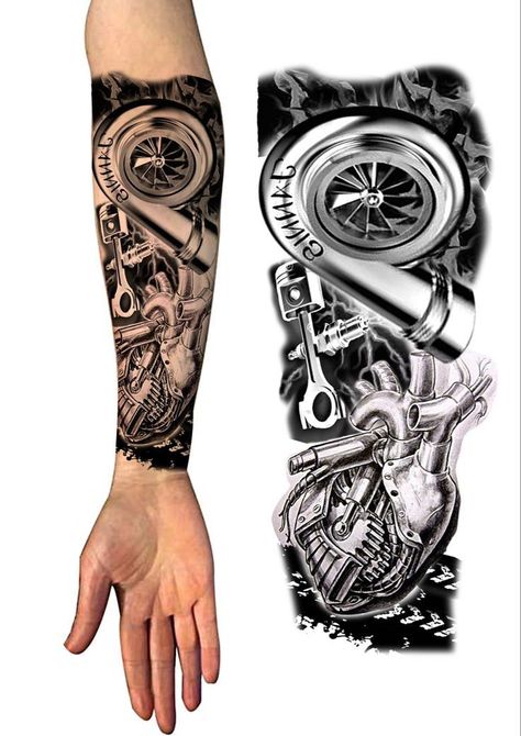 Stile Pin Up, Tato 3d, Hot Rod Tattoo, Engine Tattoo, Covered In Tattoos, Mechanic Tattoo, Sleeve Tattoos For Guys, Cool Arm Tattoos, Biomechanical Tattoo