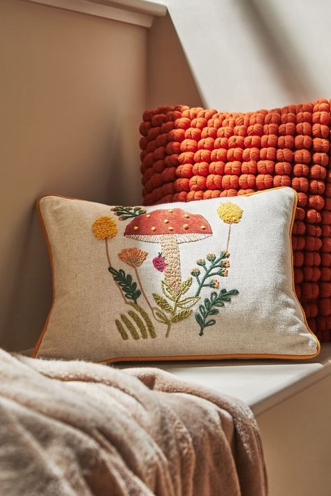 Autumn House Decorations, Autumn Cushions, Autumnal Decor, Embroidery Cushion, Aesthetic Dream, Mushroom Crafts, Pillow Embroidery, Autumn Home Decor, Detailed Embroidery