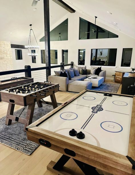 Air hockey, foosball, shuffleboard, arcade table Upstairs Loft Gameroom, Hockey Living Room, Basment Game Room, Open Concept Game Room, Game Room Pool House, Long Narrow Game Room Ideas, Game Loft Ideas, Large Rec Room Ideas, Game Room Flooring Ideas