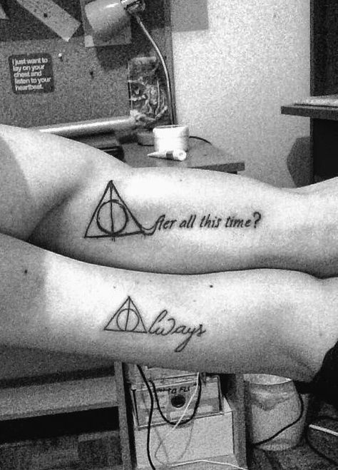 After All This Time Always Tattoo Couple, Harry Potter Couple Tattoos, Always Harry Potter Tattoo, Harry Potter Tattoo Ideas, Harry Potter Couples, Always Tattoo, Always Harry Potter, Potter Tattoo, Harry Potter Deathly Hallows