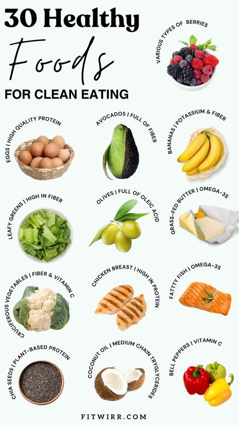 Want to practice clean eating but not sure where to start? Eat these 30 healthy, nutritious foods daily as part of a balanced diet. This list of the best clean-eating foods includes fresh produce, whole grains, plant-based protein, healthy fats, and dairy. Get meal ideas and tips for eating spinach, blueberries, sweet potatoes, salmon, grains, beans, eggs, yogurt, and more clean foods every day! Foods That Should Be Eaten Together, Tips For Eating Less, Clean Eating Foods List, Clean Foods List, Healthiest Foods To Eat Daily, How To Eat Clean, List Of Whole Foods, Whole Food Recipes Eating Clean, Whole Foods Meals