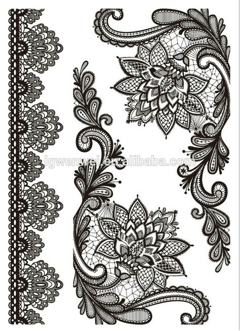 Roseary Tattoo, Black Lace Tattoo, Henna Black, Back Henna, Fleurs Art Nouveau, Lace Tattoo Design, Lace Drawing, Tattoo Lettering Design, Black Henna