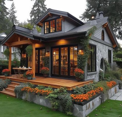 Small Cozy Barndominium, Modern Log Cabin Exterior, House With Big Windows Exterior, Boho House Exterior, Cottage Landscaping, Cabin Exterior, Modern Exterior House Designs, Inspire Me Home Decor, Sims House