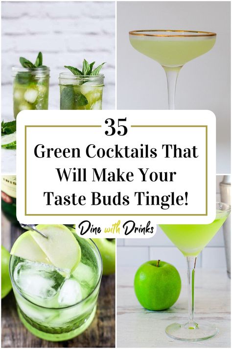 Collage of 4 green cocktails. Plant Themed Cocktails, Green Colored Cocktails, Green Cocktail Drinks, Green Mixed Drinks, Green Cocktails Recipes, Green Cocktails, Funny Cocktails, Cocktail Names, Green Drink