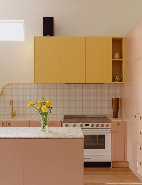 Pastel Yellow Kitchen, Ochre Kitchen, Apricot Kitchen, Terrazzo Kitchen Countertops, Adu Kitchen, Terrazzo Kitchen, Coral Kitchen, Pastel Space, Joinery Projects