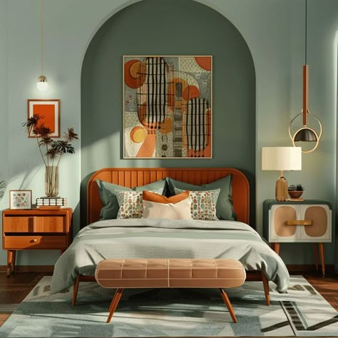 Funky Mid Century Modern Bedroom, Guest Bedroom Ideas Mid Century, 70s Retro Bedroom Decor, Minimalist Color Bedroom, Bedroom Decor Midcentury Modern, Bedroom Inspirations Art Deco, Art Deco Primary Bedroom, Mid Century Maximalism Bedroom, Midcentury Modern Furniture Bedroom