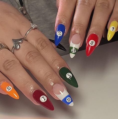 🍒🎱🎰 — medium stiletto — #gelx #apres #gelextensions #8ball #poolnails #nailart #nailartist #lanails #lynwood #90262 #colorfulnails Billiard Nails, 8 Ball Nail Art, Pool Ball Nails, 8ball Nails, Ball Nails, Pool Nails, Nail Growth Tips, Medium Stiletto, La Nails