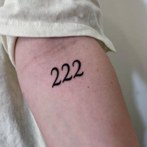 Number "222" tattoo located on the inner forearm. 222 Tattoo, Tattoo Writing, Butterfly Tattoo Stencil, Tattoo Ideas Back Spine, Tattoo Ideas Back, Arabic Tattoo Quotes For Women, Back Of Arm Tattoo, Blue Homecoming Nails, Homecoming Nails Almond