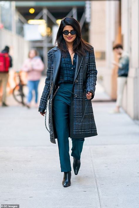 Priyanka Chopra struts her stuff in stunning teal outfit as she steps out solo in NYC | Daily Mail Online Priyanka Chopra Street Style, Priyanka Chopra Style, Priyanka Nick, Deep Winter Palette, Teal Outfits, Casual Plaid Shirt, Winter Palette, Stylish Celebrities, Celeb Fashion