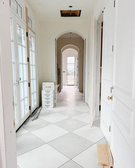 Tricia~Our French Country Farm shared a photo on Instagram: “🚀 Checkerboard tile is grouted! I knew I wanted a light gray and white checkerboard, but searched…” • See 210 photos and videos on their profile. Light Grey And White Checkerboard Floor, White Grey Checkered Floor, Grey And White Checkerboard Floor, Grey And White Checkered Floor, Gray And White Checkered Floor, French Country Mudroom, Entryway Floors, Checkerboard Tile, New England Style Homes