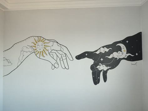 Mural in bedroom of the Da Vinci hands with the sun and moon Sun And Moon Mural Wall Art, Moon And Sun Bedroom Ideas, Witchy Wall Mural, Sun Moon Mural, Sun And Moon Wall Mural, Hand Painted Wall Murals Diy Bedroom, Sun And Moon Mural, Mural In Bedroom, Trippy Wall Mural