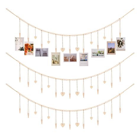 Hanging Photo Display Room Wall Decor, Boho Collage Picture Frame Christmas Cards Holder, Photo Hanger with 9 Wood Clips and 6 Wooden Hearts Tags for Home, Bedroom, Office, Nursery, Dorm Decor (3) Ways To Hang Polaroids, Diy Collage Picture Frames, Christmas Card Holder Display, Photo Collage Gift Ideas, Card Display Ideas, Friends Photo Collage, Collage Gift Ideas, Boho Collage, Hanging Photo Display