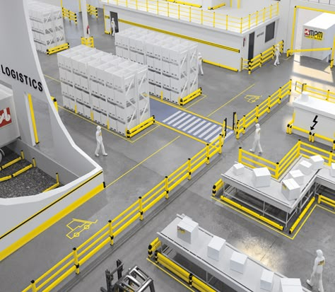 Warehouse Safety, Smart Factory, Warehouse Ideas, Factory Interior, Factory Architecture, Safety Barriers, Warehouse Design, Lean Manufacturing, Supermarket Design