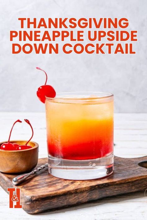 Add a splash of sweetness to your Thanksgiving with a Pineapple Upside Down Cocktail. This Thanksgiving drink is a delightful twist on the classic, combining the flavors of pineapple and a hint of caramel for a festive Thanksgiving cocktail Pineapple Upside Down Cocktail, Pineapple Upside Down Drink, Upside Down Cocktail, Pineapple Upside Down Cake Drink, Delicious Mixed Drinks, Easy Fall Cocktails, Vodka And Pineapple Juice, Spooky Cocktails, Thanksgiving Cocktail