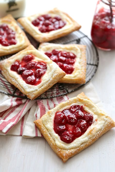 Quick and Easy Cherry Cream Cheese Danishes - www.countrycleaver.com Cream Cheese Danishes, Cheese Danishes, Cherry Cream Cheese, Cream Cheese Puff Pastry, Easy Dessert Recipes Quick, Cream Cheese Danish, Puff Pastry Desserts, Quick Dessert, Easy Cream