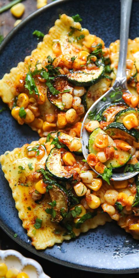 Ravioli with Corn and Zucchini in a Garlic Butter Sauce on a blue plate. Corn And Zucchini, Ravioli Recipe, Cheese Ravioli, Garlic Butter Sauce, Pasta Dish, Butter Sauce, Meatless Meals, Garlic Butter, Smoked Paprika