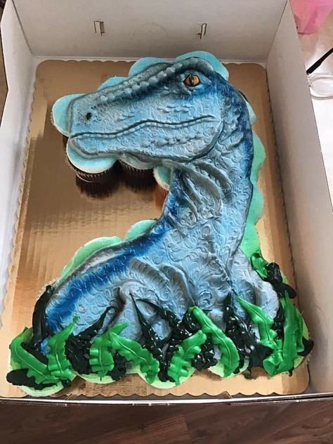 Jurassic Park Pull Apart Cupcakes, Blue Dinosaur Cupcakes, Raptor Cake Dinosaurs, Pull Apart Dinosaur Cake, Jurassic Park Cupcake Cake, Jurassic World Sheet Cake, Blue Raptor Cake, Jurassic Park Cupcakes Ideas, Jurassic Park Sheet Cake