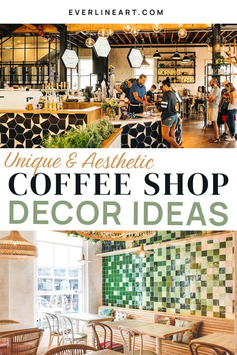 Looking for aesthetic coffee shop decor ideas? In this blog post, we explore eleven decor ideas that can make your coffee shop unique and inviting. Learn how to create a space that attracts customers and keeps them coming back. Grab a cup of a coffee and get ready to be inspired! Coffee Shop Counters Ideas, Cozy Coffee Shop Ambience, Coffee Theme Decorations, Coffee House Decor Interior Design, Coffee Shop Bulletin Board Ideas, Coffee Shop Theme Ideas, Coffee Shop Set Up, Cafecore Aesthetic, Coffee Shop Ideas Unique