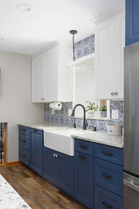 Kitchen Backsplash | Portfolio (Title) Blue Kitchen Backsplash Ideas, Kitchen Blue Backsplash, Modern Country Kitchens, Colorful Backsplash, Two Tone Cabinets, Kitchen Blue, Blue Backsplash, Modern Country, Country Kitchen