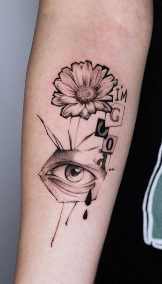 Tattoo Eye Design, Stipple Shaded Tattoo, Lining Tattoo Design, Eye Tattoo Sketch, Sketch Style Tattoo, Graphic Tattoo, Daisy Flower Tattoo, Eyes Tattoo, Daisy Tattoo Designs