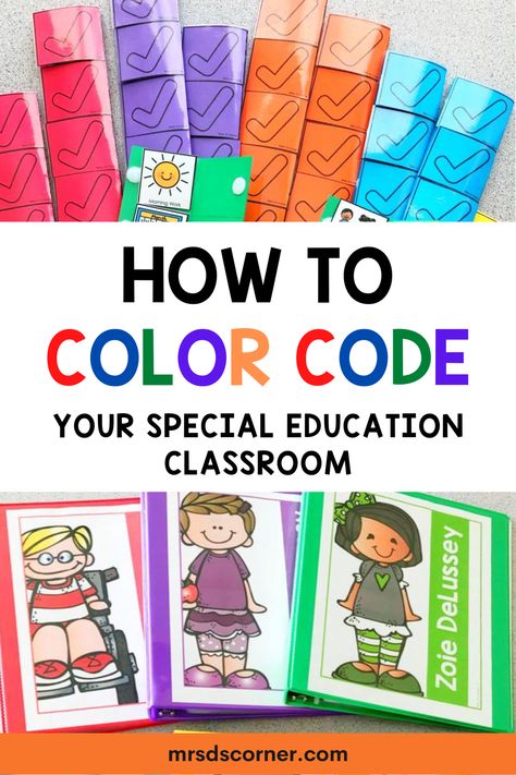 Color coding your special education classroom can be a complete game changer! It can help you organize everything in your special education classroom including student supplies, IEP paperwork and data sheets. It can help you stay organized and help your classroom run smoother. If you are looking to color code your classroom, here is a complete list of things in your classroom to color code and how it can help your classroom stay organized all year long. Learn more here. Ecse Classroom, Iep Binder, Special Needs Teaching, Classroom Library Organization, Sorting Colors, Student Supplies, Classroom Hacks, Book Bins, Visual Schedules