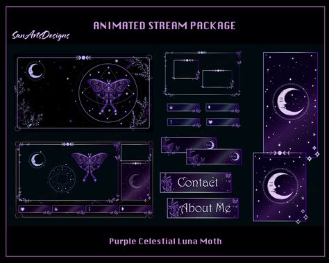 Semi-Animated Stream Package Purple Celestial Luna Moth, Animated Twitch Overlay Magical Celestial Tarot Luna Moth for Streamer, OBS, Streamlabs, Streamelements The package includes:  - 5 Animated Screens: Starting Soon, Stream Ending, Stream Offline, Be Right Back, 1 Non Text Screen - 7 Static Premade Layouts - 7 Animated Premade Layouts - 31 static panels - 4 Static Text boxes: donate, subscribe, follow, cheer - Individual static stuffs: cambox (16x9, 4x3), chat box (short, long), 01 big game Animated Twitch Overlay, Twitch Streaming Setup, Nature Witch, Streaming Setup, Discord Emotes, Twitch Overlay, Game Streaming, Luna Moth, Be Right Back