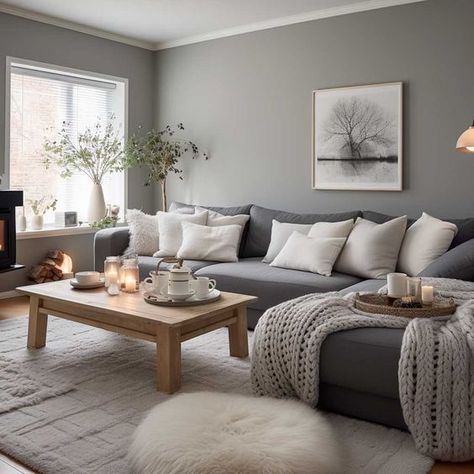 Gray Sofa Styling Inspiration.#gray #sofa #decor #pillows #idea Grey And White Decorating Ideas, Apartment Decor With Gray Couch, Living Room Grey Designs, Grey Home Inspiration, Grey Loveseat Living Room Ideas, White Gray Wood Living Room, Grey Sofa And Wood Living Room, Grey Walled Living Room, Gray Tones Living Room