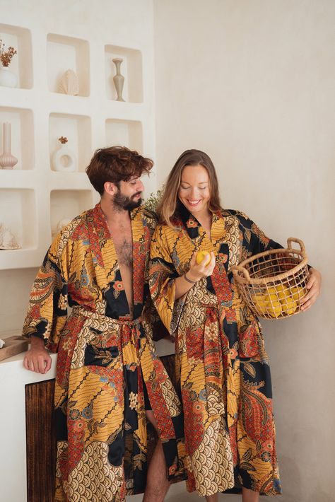 Introducing the "Surya" Collection: Kimono Robes Handcrafted in Bali Batik Kimono, Denim Pocket Details, Matching Robes, Kimono Robes, Silk Kimono Robe, Satin Kimono, Batik Print, Denim Pocket, Maxi Gown Dress