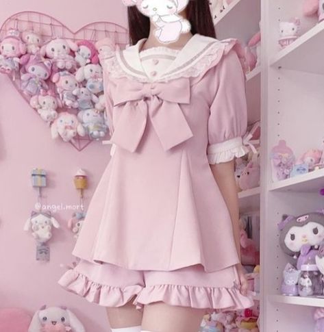 Pink Softie Outfit, Jiraikei Clothes, Candycore Aesthetic Outfits, Bow Dress Outfit, Kawaii Peach, Girly Kei, Baby Pink Dress, Pastel Palettes, Pink Bow Dress