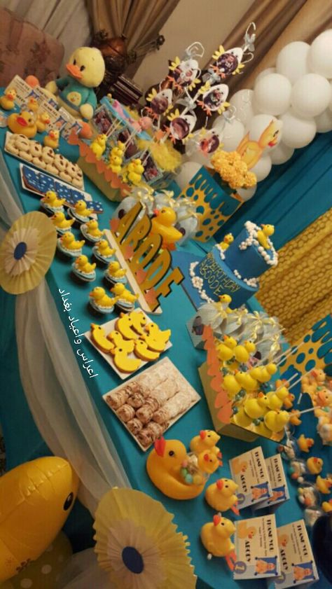 Rubber Ducky 1st Birthday Party, Rubber Ducky Themed Birthday Party, Duck Theme Party Ideas, Duck Pull Apart Cupcakes, Rubber Ducky 2nd Birthday Party, Rubber Duck Food Ideas, Rubber Duck 2nd Birthday Party, Duckie Birthday Party, Duck Second Birthday