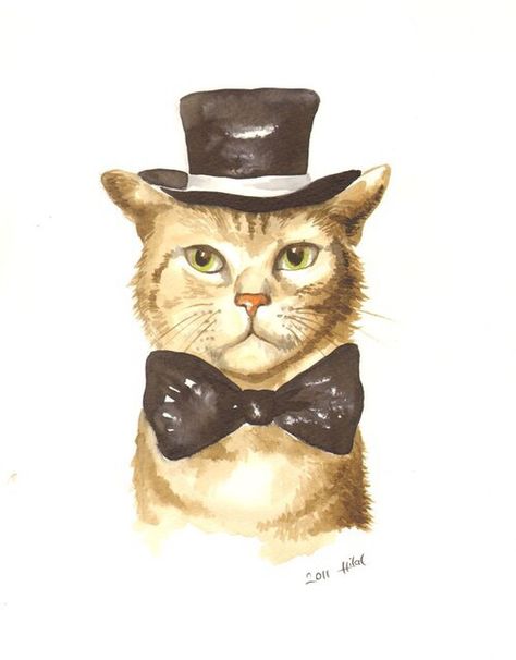 Cat wearing a  top hat & bow tie art Bird Painting Acrylic, Cat Portrait Painting, Watercolor Paintings Of Animals, Funny Cats And Dogs, Retro Cats, Cat Hat, Christmas Cat, Cat Portraits, Cute Animal Drawings