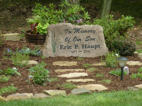 Our memorial garden for our son, featuring a custom made stone. Pet Memorial Garden Ideas, Memory Garden Ideas, Memorial Landscape, Memorial Garden Ideas, Herb Garden Boxes, Garden Memorial, Richard Dawson, Memorial Gardens, Memory Garden