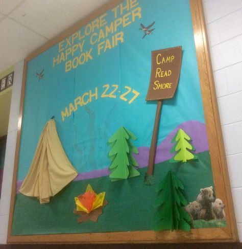 #mybookfair, #scholasticbookfair,  Camping book fair theme, camping bulletin board idea, Happy Camper Elementary school library Book Fair Themes, Happy Camper Book Fair, Camping Bulletin Board, Camping Bulletin Boards, Art Bulletin Board, Library Window, Book Bulletin Board, School Book Fair, Church Library