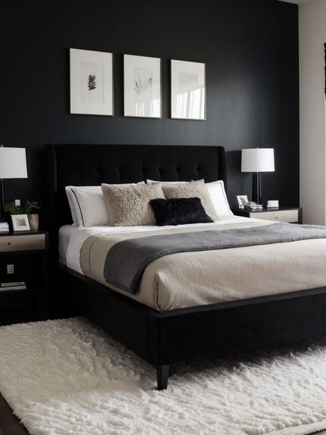 Minimalist Platform Bed, Black Accent Wall Ideas, Black Accent Wall, Black And Grey Bedroom, Bedroom Wall Decor Above Bed, Black And White Bedroom, Leather Upholstered Bed, Mens Bedroom Decor, White Wall Bedroom