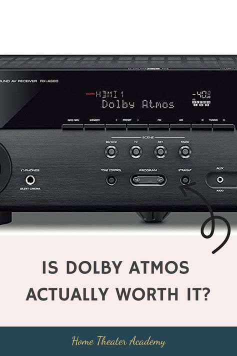 AV receiver display showing "Dolby Atmos" with text "Is Dolby Atmos actually worth it?" at the bottom. Home Theater Sound System, Home Theater Installation, Surround Sound Speakers, Music Studio Room, Theater Rooms, Home Theater Setup, Amazon Fire Tv Stick, Home Theater Rooms, Home Theater Design