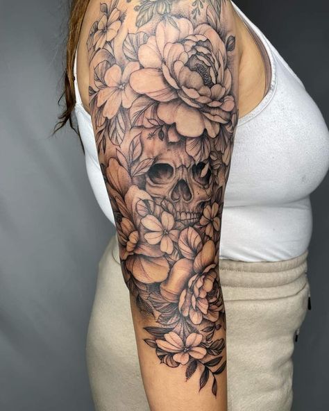 Skull Ripping Through Skin Tattoo, Skull On Shoulder Tattoo, Skull Female Tattoo, Feminine Skull Tattoo Sleeve, Skull And Sunflower Tattoo, Half Woman Half Skull Tattoo, Flower Skull Tattoo, Floral Skull Tattoos, Feminine Skull Tattoos