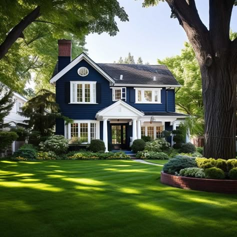 Exterior Paint Colors For Craftsman Style House, Deep Blue House Exterior, Blue Craftsman House Exterior, Royal Blue House Exterior, Blue Home Exterior Colors, Navy Blue Exterior House, Navy Blue House Exterior, Craftsman Exterior Paint Colors, Exterior House Paint Ideas