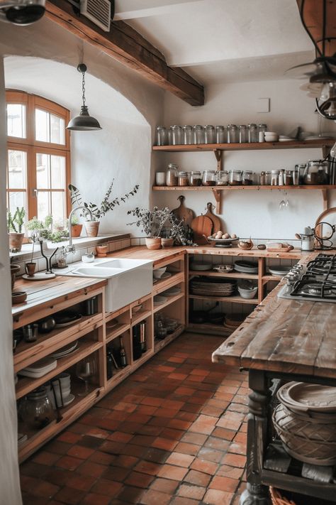 36+ Chic Boho Kitchen Ideas for a Laid-Back Update Rustic Open Shelving Kitchen, Cozy Boho Kitchen, Rustic Wood Countertops, Kitchen Open Shelving Ideas, European Farmhouse Kitchen, Reclaimed Kitchen, Unfitted Kitchen, Boho Kitchen Ideas, Wood Countertops Kitchen