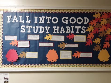 Thought it might be cute to incorporate fall into my board this month! As far as the writing goes I just googled "good study habits" and you can go from there. Fall Into Good Habits Bulletin Board, Fall Wellness Bulletin Board, Study Habits Bulletin Board, November Bulletin Board Ideas College, Fall Bulletin Boards High School, Fall Into Healthy Habits Bulletin Board, October Bulliten Board, Educational Bulletin Board Ideas, Fall Ra Boards