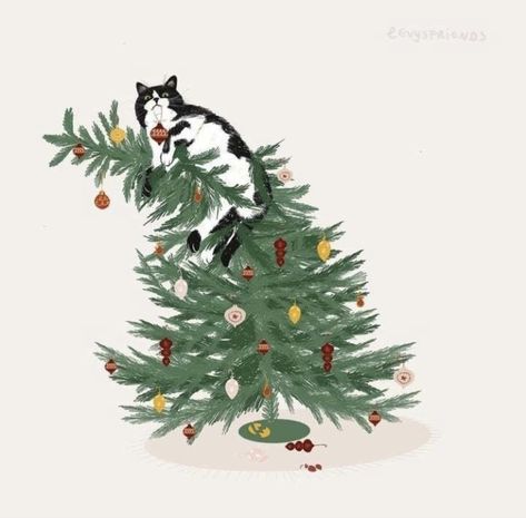 Cat On Christmas Tree, Cat In A Christmas Tree, Cat In Christmas Tree Drawing, Cat And Christmas Tree, Christmas Aesthetic Illustration, Cat Christmas Drawing, Cat Christmas Wallpaper, Aesthetic Christmas Cards, Cat In Christmas Tree