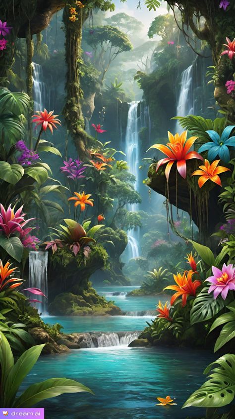 Fairy Garden Ideas Enchanted Forest, Paradise Painting, Waterfall Wallpaper, Cool Tattoo Drawings, Garden Pond Design, Waterfall Paintings, Tropical Painting, Watercolor Paintings Nature, Butterfly Art Painting