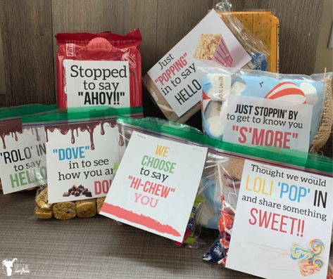 Fun, Delicious Gift Ideas To Say HELLO - Uplifting Mayhem Sales Blitz Ideas, Candy Sayings Gifts, Ministering Gifts, Marketing Gifts, Hello Gift, Relief Society Birthday, Candy Quotes, Marketing Gift, Secret Sisters