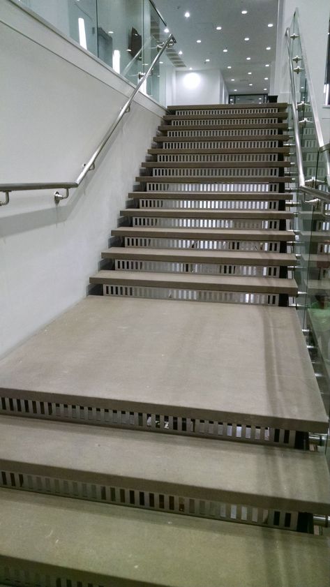 polished concrete stair treads Polished Concrete Stairs, Concrete Stair Treads, Stair Tread Rugs Concrete, Folded Plate Staircase Concrete, Perforated Metal Stairs, Perforated Steel Staircase, Outside Stairs, Building An Addition, Classic House Design