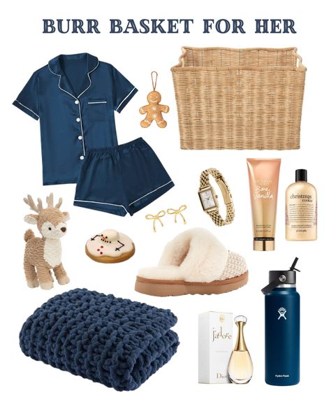 This Burr Basket for Her in cozy navy tones is perfect for the holidays! Featuring soft satin pajamas, a chunky knit blanket, fluffy slippers, and a cute reindeer plush, it’s designed for relaxation. Add a touch of luxury with Dior J’adore perfume, festive Philosophy shower gel, and elegant jewelry pieces. Ideal for gifting to anyone who loves comfort with a touch of elegance! ❄️ Navy Blue Gift Basket Ideas, Pajama Gift Basket, Cozy Gift Basket, Blue Gift Basket, Philosophy Shower Gel, Reindeer Plush, Burr Basket, Cute Reindeer, Fluffy Slippers